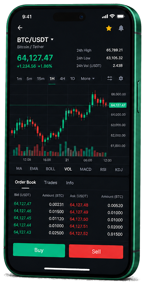 QuantexMagyar mobilos kereskedési felület — élő BTC/USDT-grafikon, ajánlati könyv és vételi-eladási panel